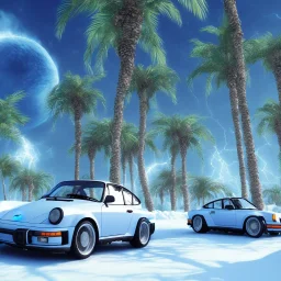 1980's aesthetic vaporwave palm trees with spheres with porsche in the winter snow with lightning