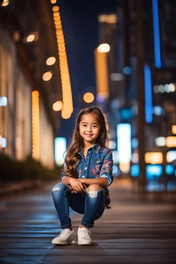 Little 6 years old beautiful girl perfect face,1girl wearing a pretty shirt and jean pant, standing pose,modern city ,night view