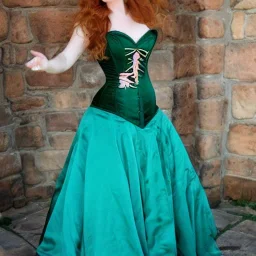 princess with long auburn hair in a big teal green and gold satin ballgown corset off shoulder top dancing in a castle