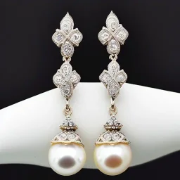 drop diamond and pearl earrings, art noveau, filigree, floral, breathtaking, highly ornate, delicate, intricate, photorealistic, high fashion, fine jewellery, luxury, designer