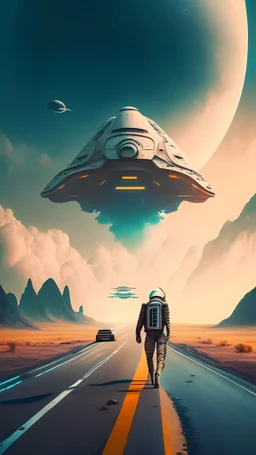 sci-fi road with man and space ship