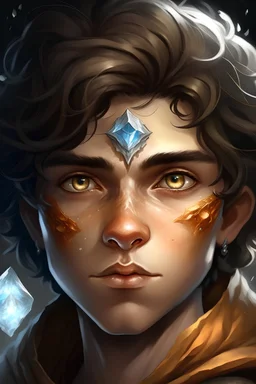 Young adult earth genasi character, skin cracking to reveal a crystal geode texture, brown eyes, brown hair, hair shaven on both sides of head