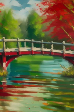 fazer uma obra artística do impressionismo com uma ponte japonesa em cima de um rio