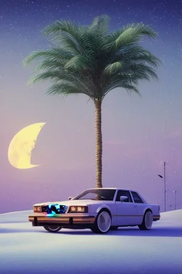 1980's aesthetic vaporwave palm trees with lighting with moon with audi in the winter snow