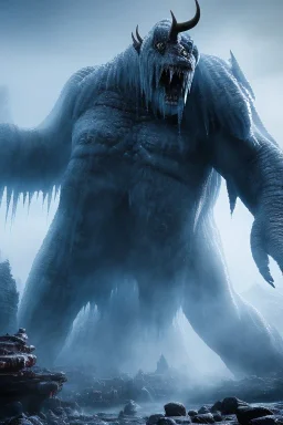 Giant scary ice and stone humanoid monster, dramatic scenery, cold light