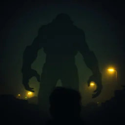 The atmosphere is eerie, suffocating, and raw, with the feeling that the camera operator is witnessing something forbidden and legendary — a colossal being that has been hiding for ages, suddenly revealed. The image must feel authentic and unpolished — like amateur footage captured in real time. Prioritize pixelation, color noise, digital compression artifacts, motion blur, and the unsettling atmosphere of being near a gigantic shadow-creature. Do not stylize or modernize.