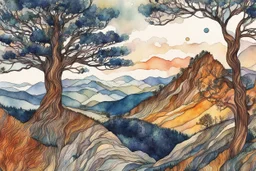 random watercolor Zentangle patterns in the styles of Gustav Klimt ,Wassily Kandinsky, Alphonse Mucha, and Kay Nielsen that depicts an ancient Bristlecone Pine at a high Rocky Mountain plateau , with fine ink outlining