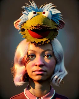 Portrait, hybrid character, waitress woman with monster muppet mask that covers her entire head, retro style, Sesame Street style, smooth, unreal engine 5, god lights, ray tracing, RTX, lumen lighting, ultra detail, volumetric lighting, 3d.