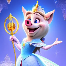 Flower , beautiful smiling pig elsa holding microphone, amazing blue eyes, happy cosmic, bright colors, blue, pink, gold, jewels, realistic, photo real, clear godly background, highly detailed, high contrast, 8k high definition, unreal engine 5, extremely sharp detail, light effect, sunny light background