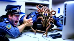 male cop dispatcher deals with evil virus crawling out of the phone handset