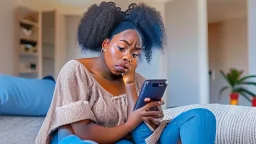 baffled black lady alone at home holding cellphone