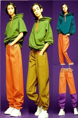 year 1998 women fashion. Loose, baggy, low waist Combat pants, t-shirt, new kind of hoodie with tippet! Colors: denim blue, blue, purple, cream, khaki, "light green", lilac, plum, orange, terracotta, red, light yellow, lion yellow, pink, dark blue, beige. Sturnus vulgaris-print. wide belt. Partly latex or leather. Kylie Minogue, Tyra Banks. leg warmer. Cargo pants and hoodie!