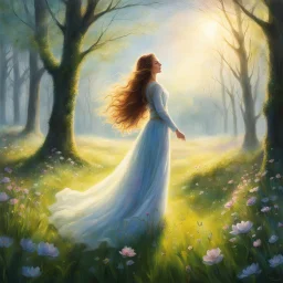 The air is crisp, infused with the scent of blooming flowers and the promise of new beginnings.In this awe-inspiring view, we witness Ostara, resplendent in her ethereal form, standing amidst a lush meadow. The grass beneath her bare feet shivers. From the smallest blades of grass to the towering trees, each living entity joins in this symphony of praise for the Earth. The flowers burst forth in vibrant colors, their petals unfurling like delicate brushstrokes upon nature's canvas. The trees swa