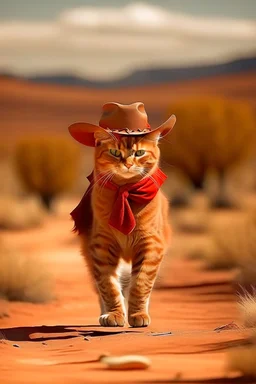 gato de colorado, caminando, vestido de cowboy, dentro de el lejano oeste. clima desértico, flora autóctona, estilo caricatura