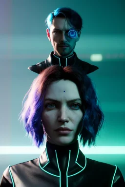 Cyberpunk portrait, pretty British woman:: symmetry photography, cyberpunk, blue long hair, face make-up, black line eye, light iris eye, :: kenzo fashion style, coat :: cinematic, Ultra realistic, dark scene, soft color, highly detailed, unreal engine 5, RTX, ultra detail, 3d, finely drawn, high definition.