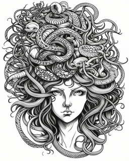 realistic medusa tattoo idea, line art, background, vector, svg, black outline on white background, leave plenty of white space beetween lines for coloring, tattoo style, tattoo idea