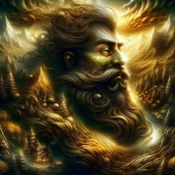 beard is morphing to a landscape, beard is forming to a landscape with focus on (whimsical village is coming out of the beard made of the beard's hair). Modifiers: digital painting dof fantasy intricate 8k oil on canvas masterpiece very attractive beautiful award winning fantastic view high definition crisp quality beautiful lighting dramatic surreal morbid mystical chiaroscuro earth tones symmetrical face no mistakes Dark tones Optical illusion Ray Caesar subtle colors dir