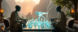 alien levitating yoga monk chess masters playing serious glowing chess on hex map in lounge on beautiful lush planet with huge transparent bird glass pieces in fountain