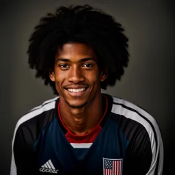 85mm DSLR color photography of a very detailed headshot fitting all of head and hair in frame. 20-year-old USA soccer player, with black hair color and with small facial hair and has a brown skin tone and has a small afro with a small smile, grey background