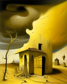 A pale ivory yellow district with a voodoo house in a thunderstorm painted by Salvador Dali