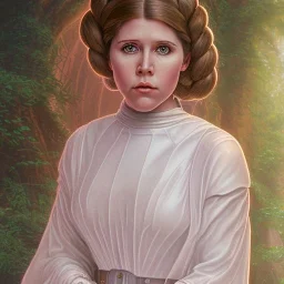 star wars death star background, complete and photo realistic detailed head to waist stunning photo realistic portrait of young carrie fisher as Princess Leia in star wars with photo realistic hairstyle by Mandy Jurgens and mucha and Richard Schmid and chuck close and chie yoshii, extraordinary and detailed ceremony dress of star wars,brown eyes