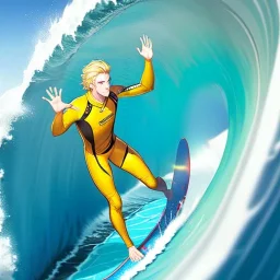 blonde hair anime boy surfing under a wave, make hands look realistic, standing up on a surfboard,wearing an orange wetsuit, make feet look realistic, balancing on a surfboard, waves crashing all around him, make face look realistic