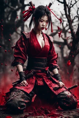 Tall girl samurai, siting pose, fullbody, splashes blood, behind guts rising from the ground, intricate, darkred tones, macro photography,