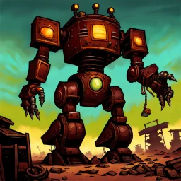 90's fantasy tcg art of a large junk robot in junkyard