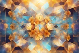 beautiful composition, symmetric pattern, Double exposure of cubes in which abstract flowers are, cracked holographic marble background, the cracks are golden S<AI in sunshine