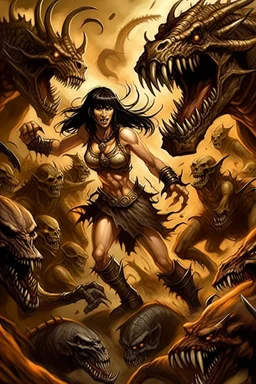 Eerie Scene, A detailed illustration of incredible beautiful Xena from 'Xena: Warrior Princess' looking terrified as she runs away from menacing muttations monsters., Eerie horror