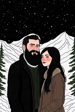 Mountain Christmas scene, dark haired couple, man with black beard