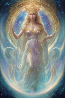 Create an image of a cosmic Goddess. The goddess should be depicted as a beautiful and powerful figure, surrounded by cosmic stars. Her hair should be long, blond and flowing, and she should be dressed in a flowing gown blue celestial robe. In the background, include imagery of pink flowers, blue sky,trees. The image should evoke a sense of joy, celebration, and spiritual connection to nature.