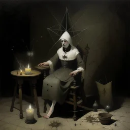 creepy undead geisha with pale cracked skin tied to a chair in the middle of a dark basement, candles on points of white chalk pentagram on floor, <lora:Dark Descent:0.7> horror, macabre grim matte oil painting by Hieronymus Bosch