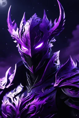 carnage purple and black dark night armor in 8k solo leveling shadow artstyle, dark night mask, glowing purple eyes, profile picture 8k ultra quality, background moon 8k ultra hd, intricate details, highly detailed, high details, masterpiece,ultra detailed, ultra quality