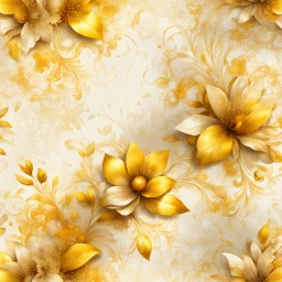 Hyper Realistic Yellow & Beige Abstract-Floral-Patterns With Glowing Golden Embers On Off-White Grungy Background.