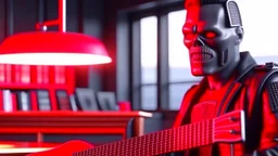 4k realistic full détails. Logo émission radio. Terminator playing guitar with acdc in a school un