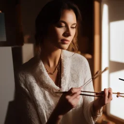 Close up of Beautiful female artist painting a self portrait in her attic studio, dramatic light, shadows