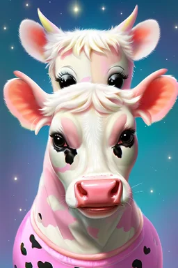 Portrait of A cute cow dressed in a onezy pajama outfit. The onezy has pink polka dots on and is thick and cozy. She has a flower in her hair. Anime