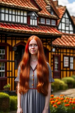 Full body and headshot of a slim young woman with long straight red hair, standing in front of a row of cottages and shops with thatched roofs