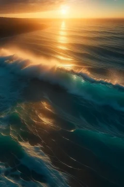 magic sea, realistic, professional photo, 4k, top view, sanset, surf