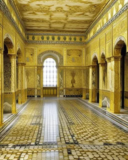 A pale yellow palace covered in gold designed in ancient Roman mosaics painted by Jackson Pollock