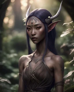 Druidic, fairy, majestic, japanese and mongolian facial features, brown skin, tiny nose, dark elf, drow, elf, black hair, pointy ears, druide, dirty brown dress, mystic, soft light, nature, shabby, natural, garden, magical, fantasy