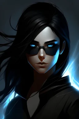 Generate me an image of a dark hair black with a bit shorter hair than shoulder length that is a software developer and has a blindfold. she have lightning super powers as well