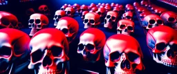 a picture of a dark, comedic, anatomically correct wall of red white and blue tightly packed stacked skulls of varying sizes and expressions, photo realistic, insanely meticulous, highly detailed, part of a collection of bones on display, 64k, dystopian, vray, anatomically correct, dystopian, horror, soviet retrofuturism