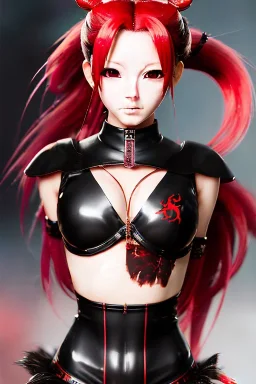 Detailed cute anime Kunoichi girl with a dragon tail, blood red hair buns, bangs, black latex bodysuit, intricate details, full body portrait, keep head in frame, slight smile, black Japanese motif, concept art, highly detailed, digital painting, concept art, sharp focus, illustration, art by Yoji Shinkawa, WLOP and greg rutkowski and alphonse mucha and artgerm and yanjun Chen and Junji ito and Makoto Shinkai, HDR, octane render