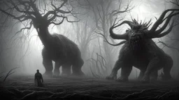 The described image presents an extremely horrifying scene with grayscale colors dominating the picture, creating a dark and eerie atmosphere. In this context, there is a massive, monstrous creature positioned prominently in the foreground of the image. This monster appears to be mythical and intensely frightening, characterized by its terrifying features and its colossal, imposing body that exudes immense power. When one looks at this monster, its face and eyes exhibit horrifying details, seem