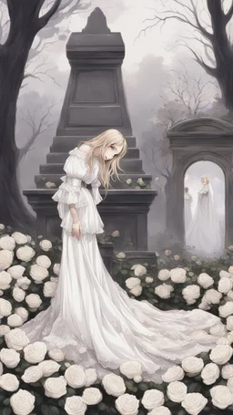 صورة تقريبية تظهر فتاة ترتدي فستان زفاف ملطخ بالدماء,معلق فوق قبر,الأرض مليئة بالورود البيضاء.صورة سينمائية