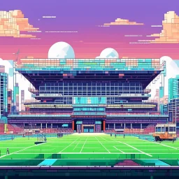 A bright pixel art cyberpunk-style illustration of the fulham stadium the cottagers west london