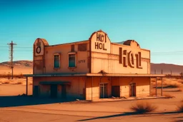 abandoned hotel, near road, desert places, warm colors, huge broken luminous letters 'Hotel' on the roof