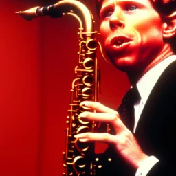 REd-haired Ron howard Is richie from happy days playing his saxophone with his "closed-eyelids", rock band, embouchure, joanie cunningham